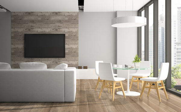 Modern interior with fout white chairs 3D rendering