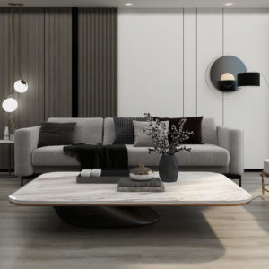 grey and black accents white marble coffee table with gray luxury vinyl flooring by portercraft color bridalveil